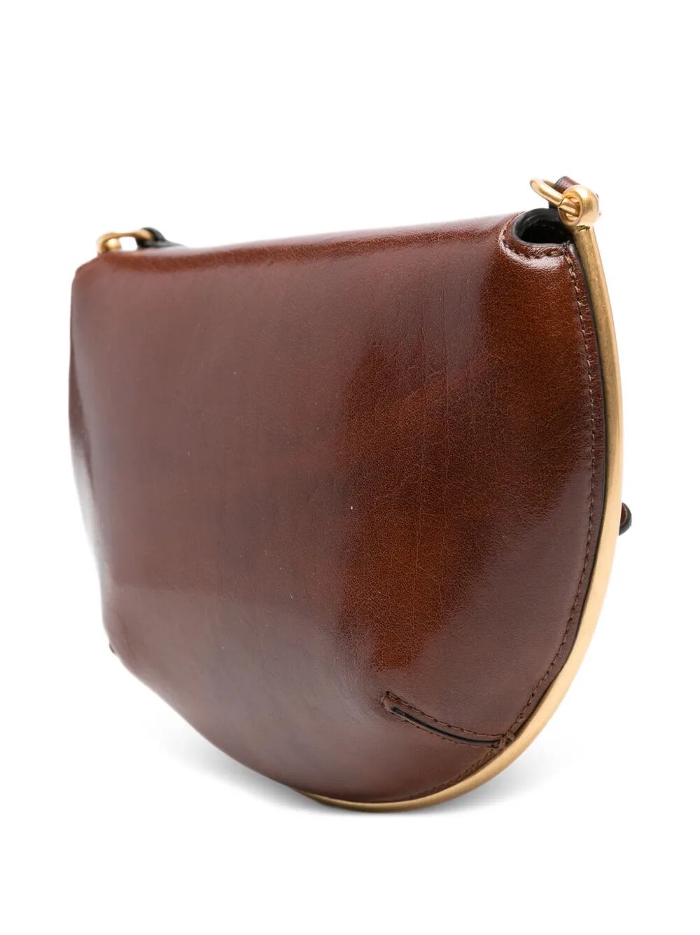 Borsa in pelle marrone con tracolla e motivo decorativo in oro