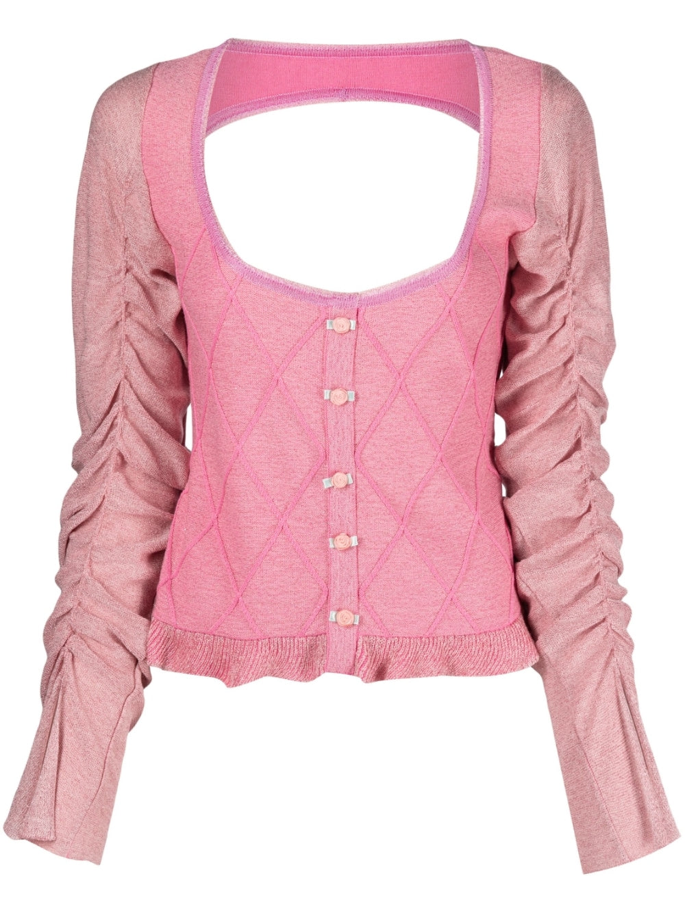CARDIGAN WITH BUTTON ROSES AND GATHERED SLEEVES