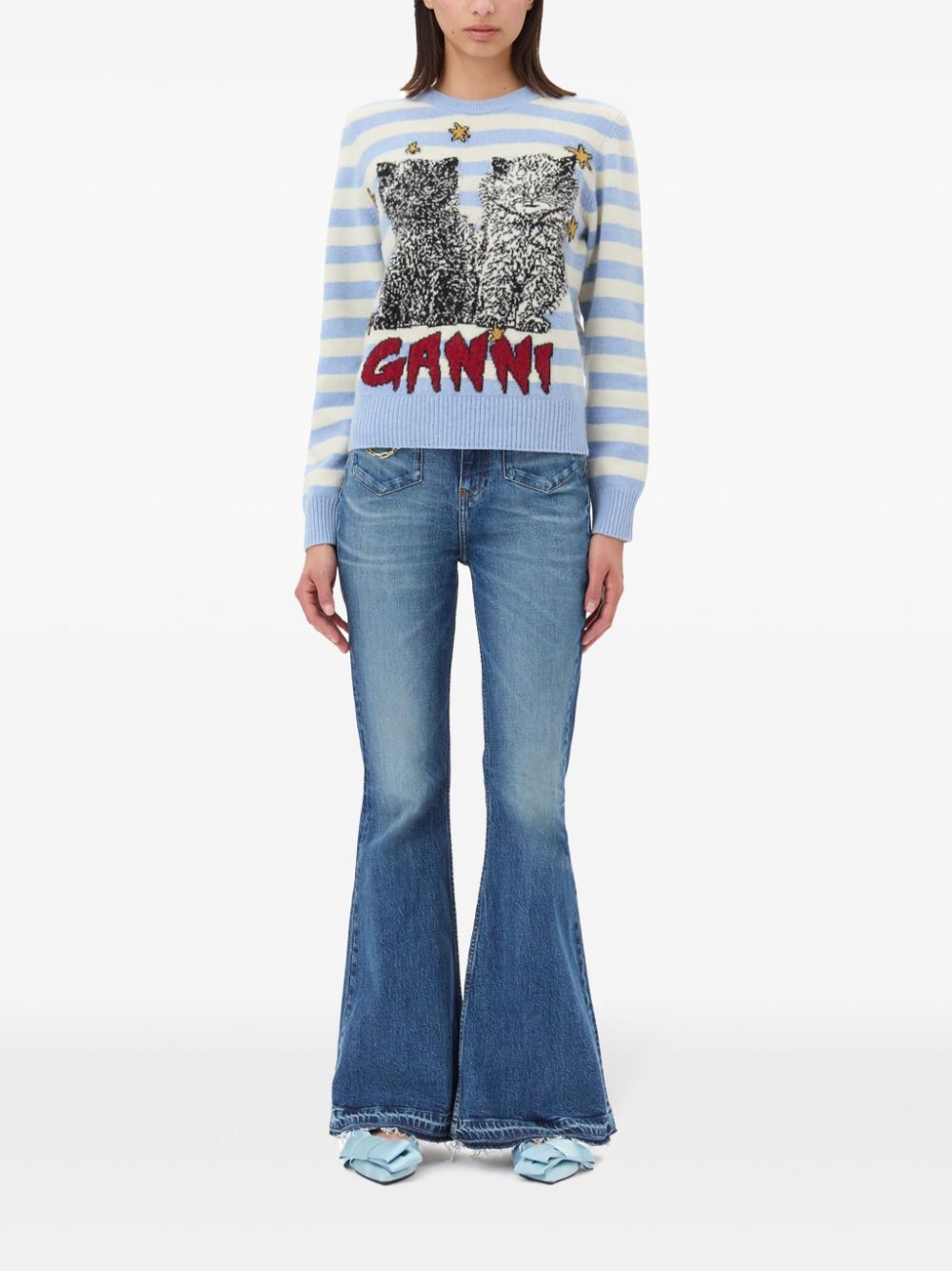 Striped Graphic Wool Mix Cats Crewneck