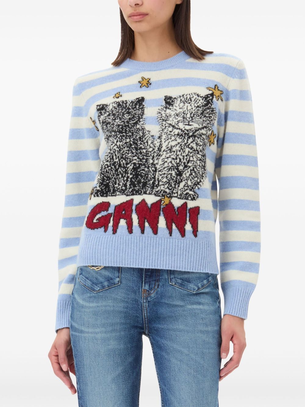 Striped Graphic Wool Mix Cats Crewneck