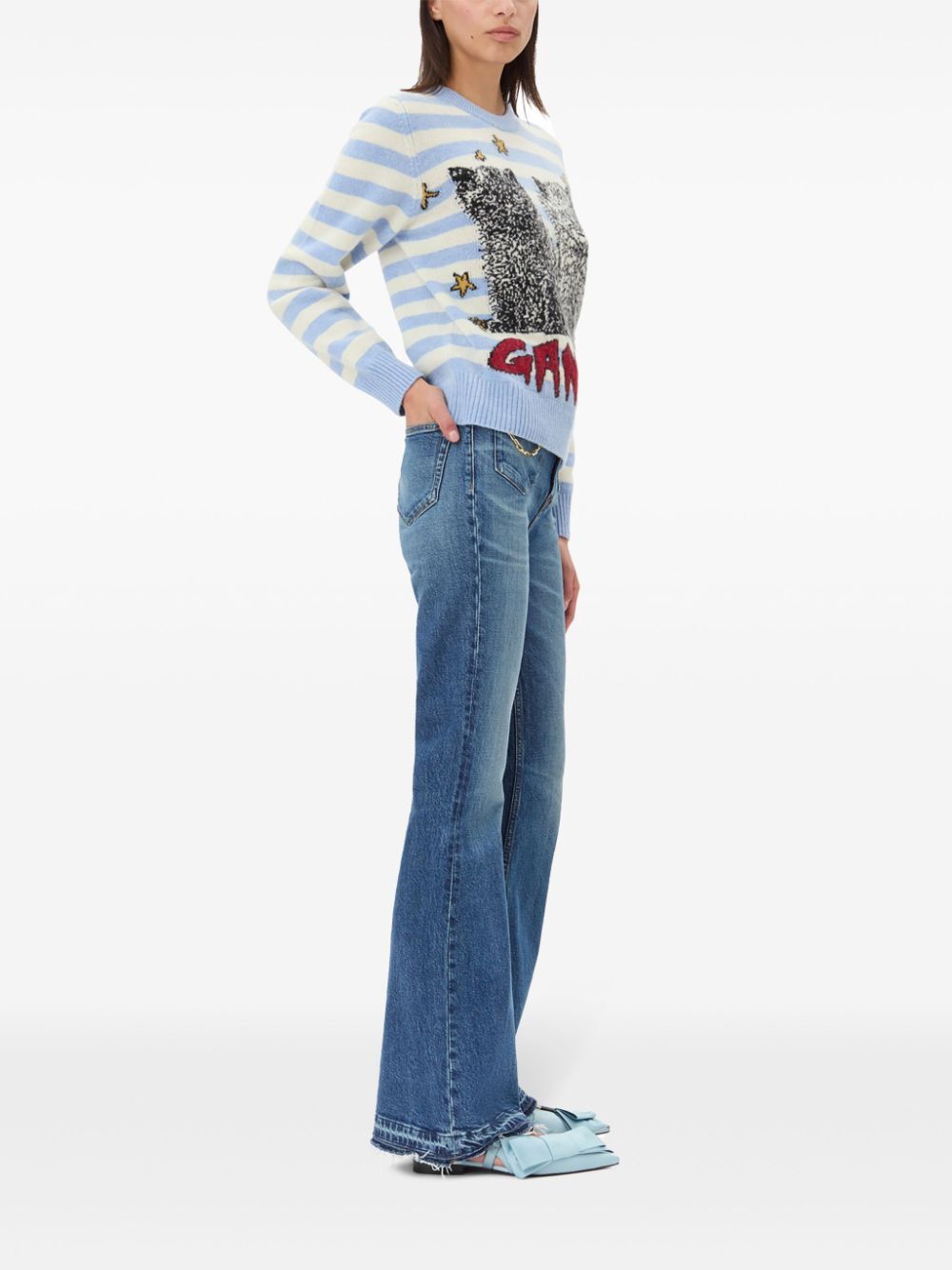 Striped Graphic Wool Mix Cats Crewneck