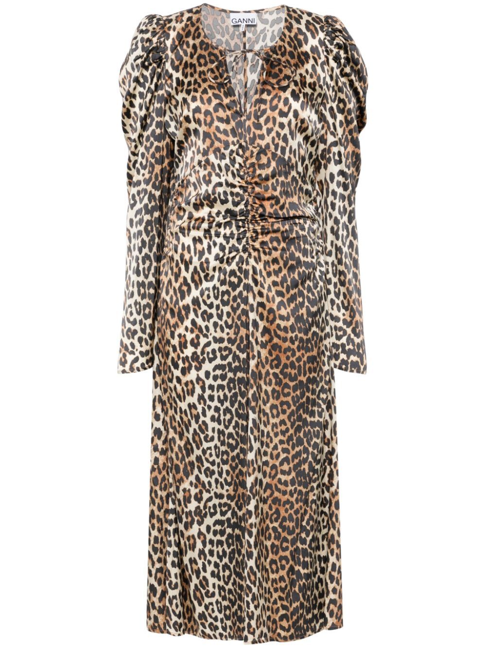 Printed Satin Ruched Midi Dress