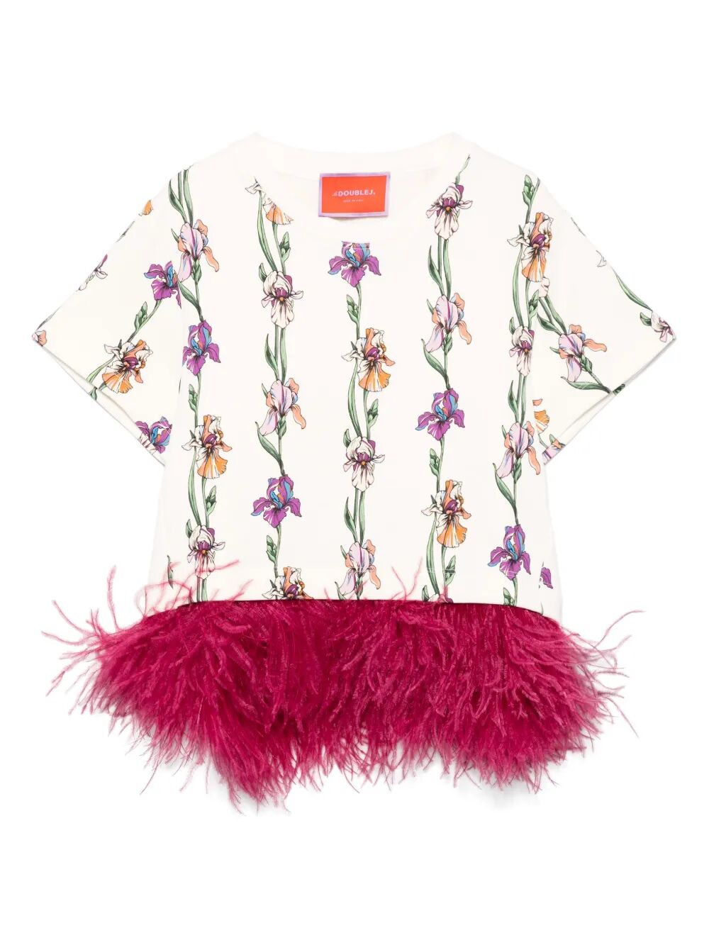 Tshirt crop con piume sull`orlo