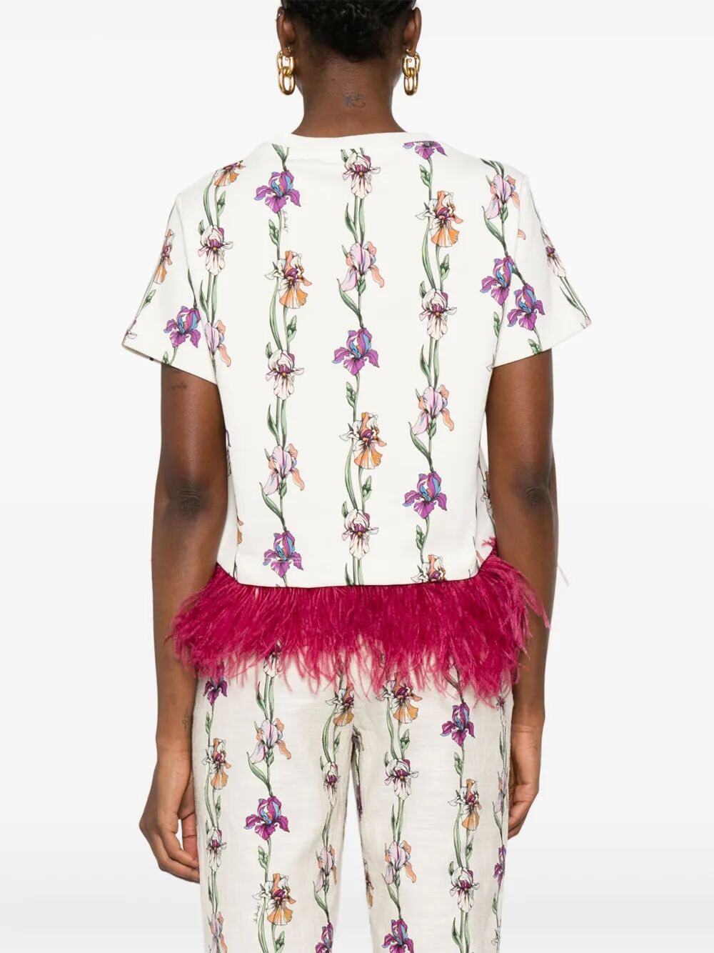 Tshirt crop con piume sull`orlo