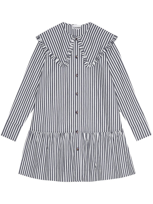 Stripe Cotton Big Collar Mini Shirt Dress