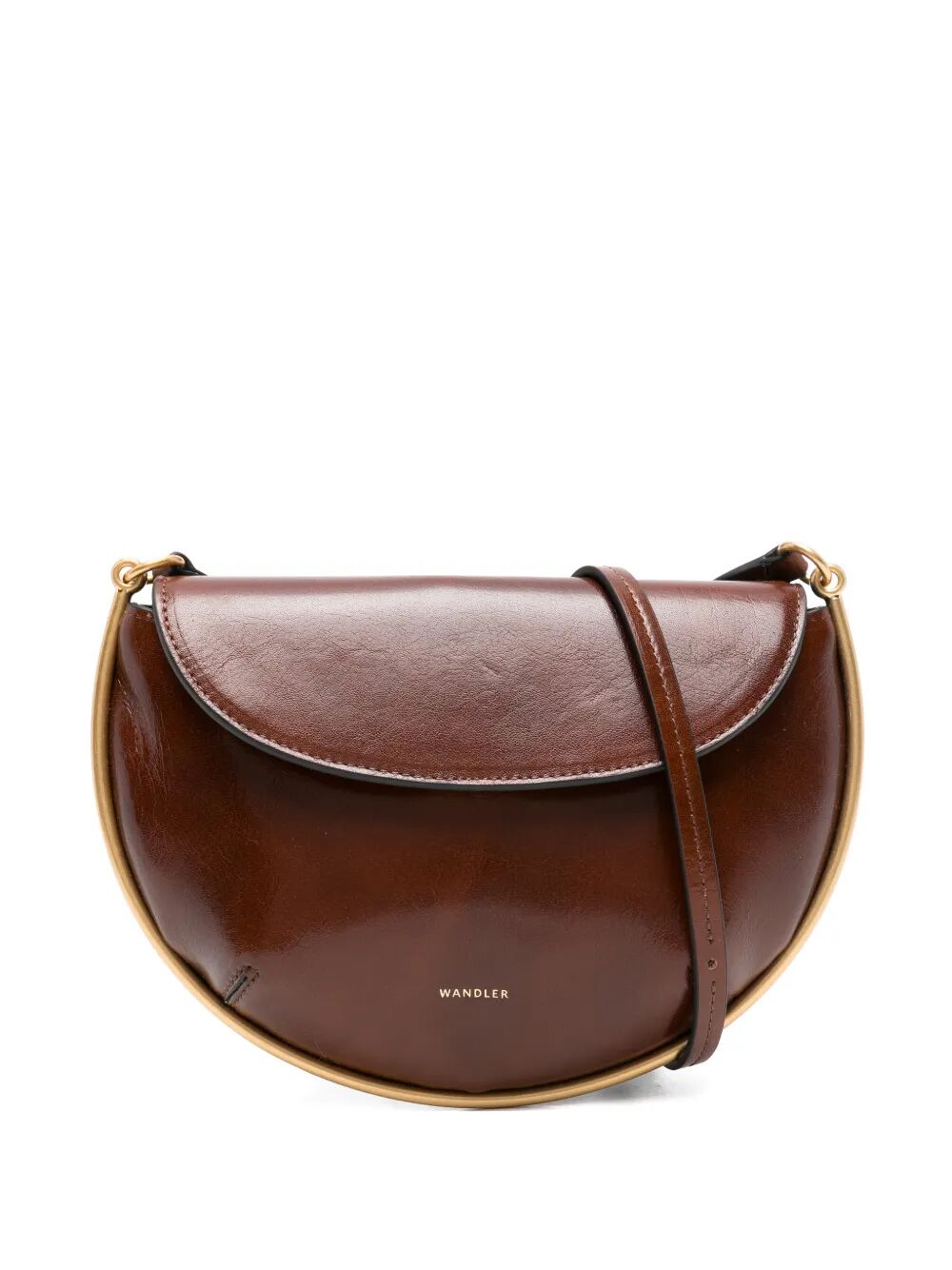 Borsa in pelle marrone con tracolla e motivo decorativo in oro