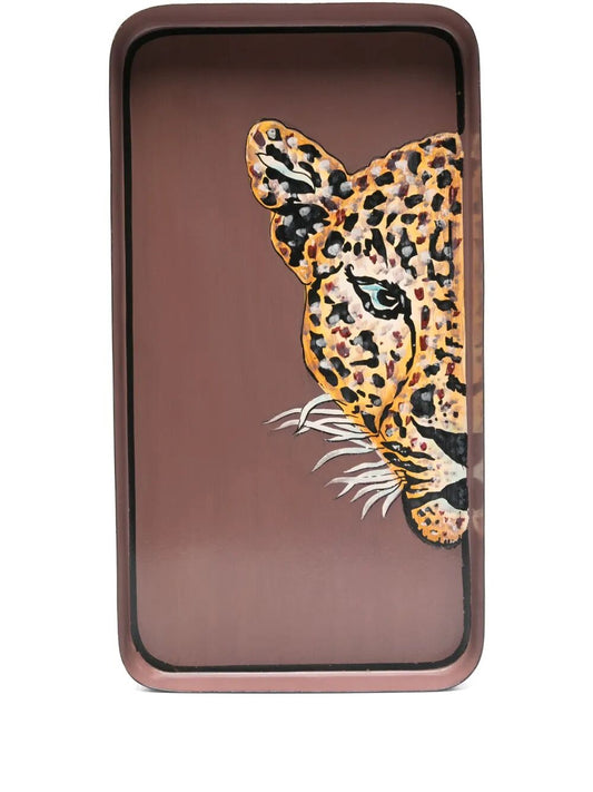 Fauna hand painted iron tray leopard (half 1)
