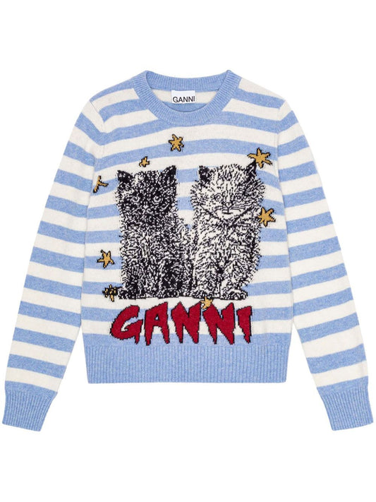 Striped Graphic Wool Mix Cats Crewneck