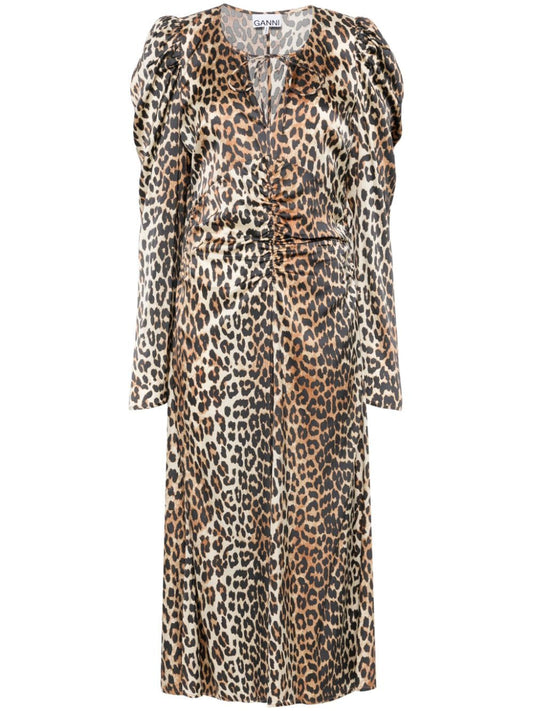 Printed Satin Ruched Midi Dress