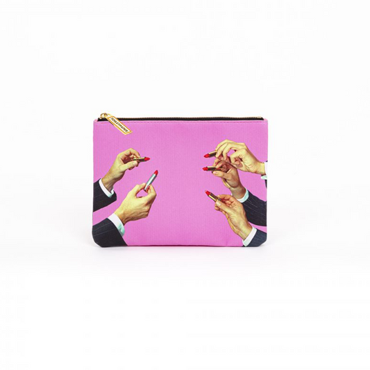 BUSTA COSMESI IN PU STAMPATO "TOILETPAPER" Cm. 21x15,5 - LIPSTICKS PINK