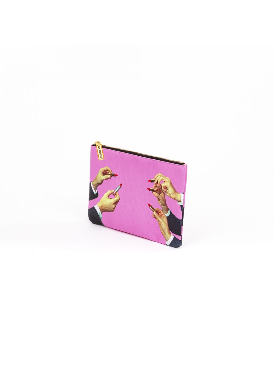 BUSTA COSMESI IN PU STAMPATO "TOILETPAPER" Cm. 21x15,5 - LIPSTICKS PINK