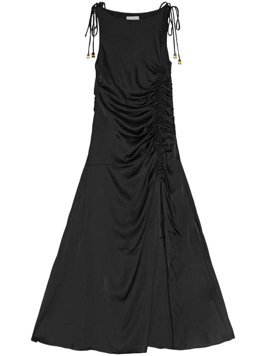 Solid Satin Gathered Long Dress